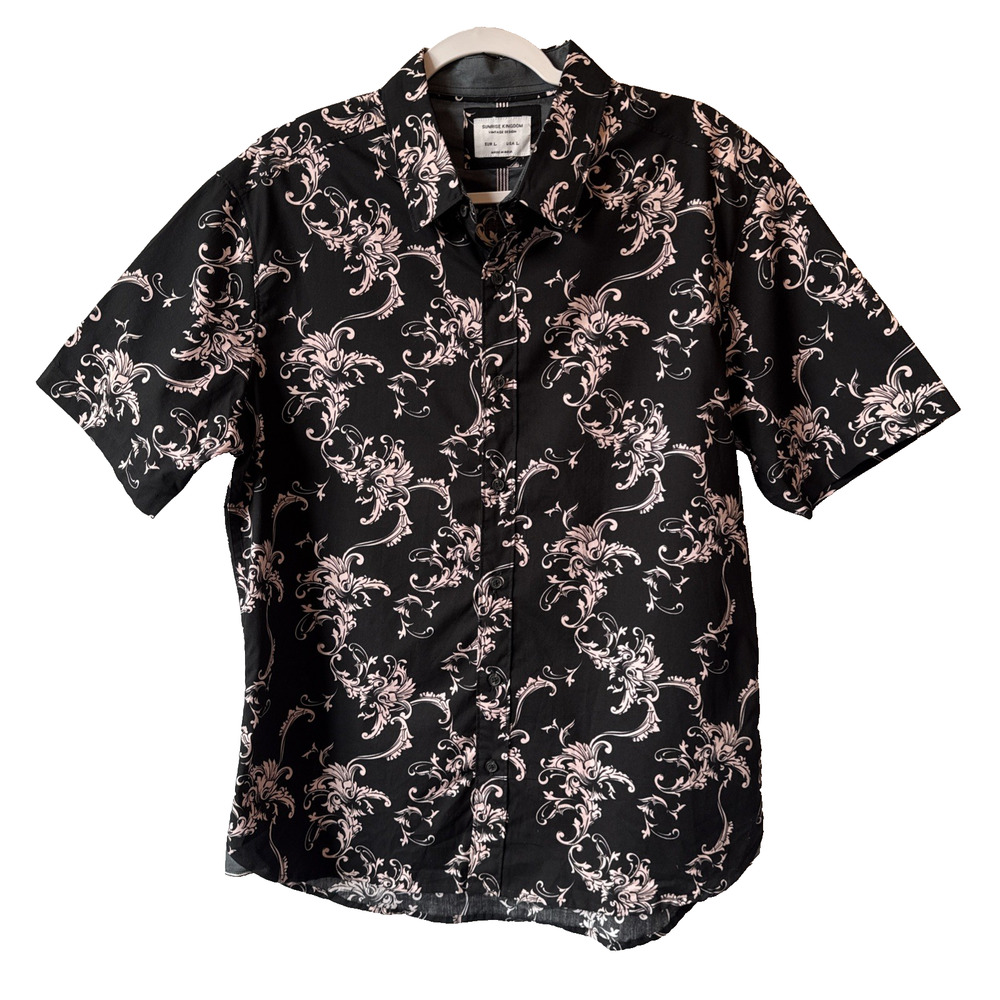 Sunrise Kingdom‎ Vtg Design Men’s L Hawaii Black Pink Floral Button Up Shirt